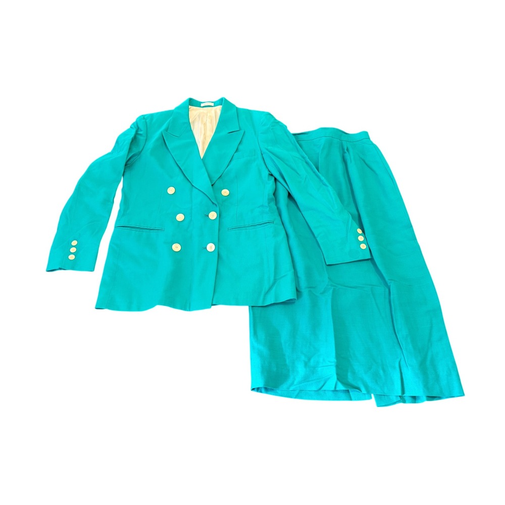 Vintage Bowdon Teal Green Skirt Suit Double Breasted Blazer & Midi Skirt USA